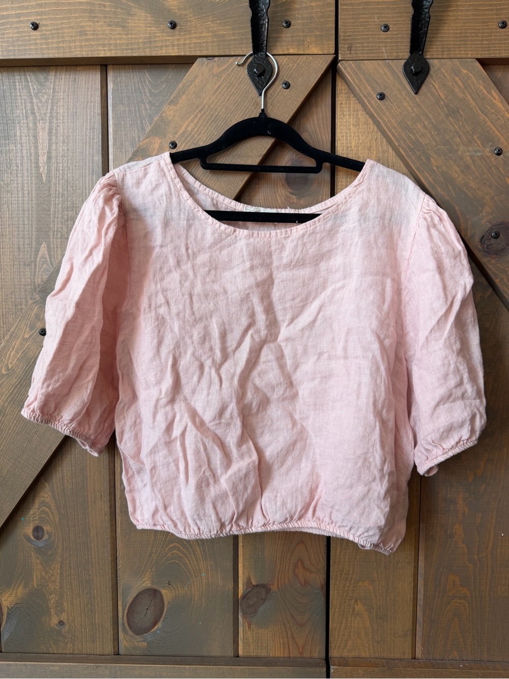 Light Pink Linen-Blend Cropped Scoop Neck Top